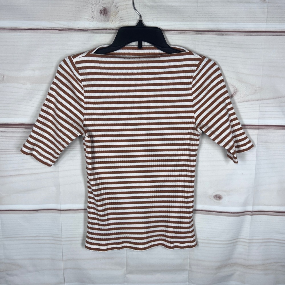 Old Navy T-Shirt Women M Brown White Striped Ribbed Boat Neck Elbow Sleeve Top